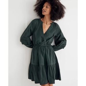 Madewell Women's Dark Green Crinkle Poplin Wrap Mini Dress Size Small